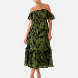 Maya Green Floral Jacquard Bardot Midaxi Dress