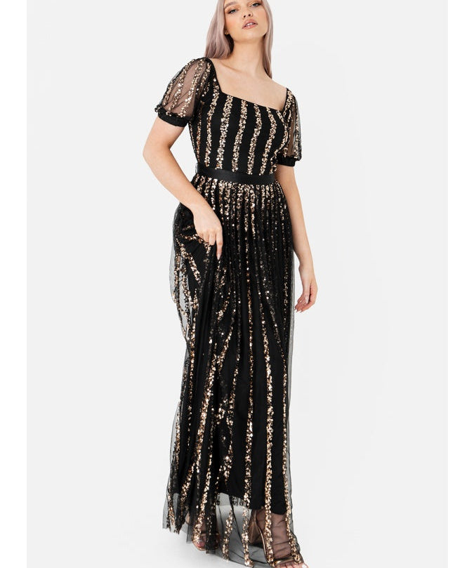 Maya Stripe Embellished Square Neck Maxi Dress
