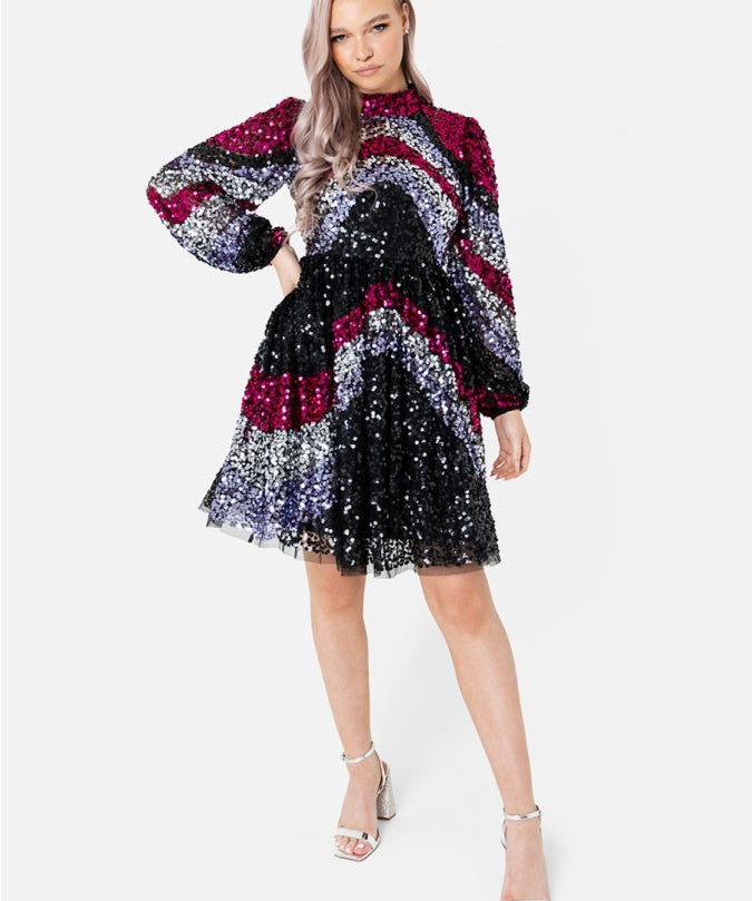 Maya Fully Embellished Chevron Mini Dress with Keyhole Back