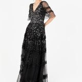 Maya Black Fully Embellished Short Sleeve Maxi Dress