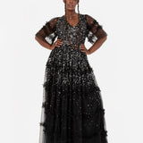 Maya Black Fully Embellished Short Sleeve Maxi Dress