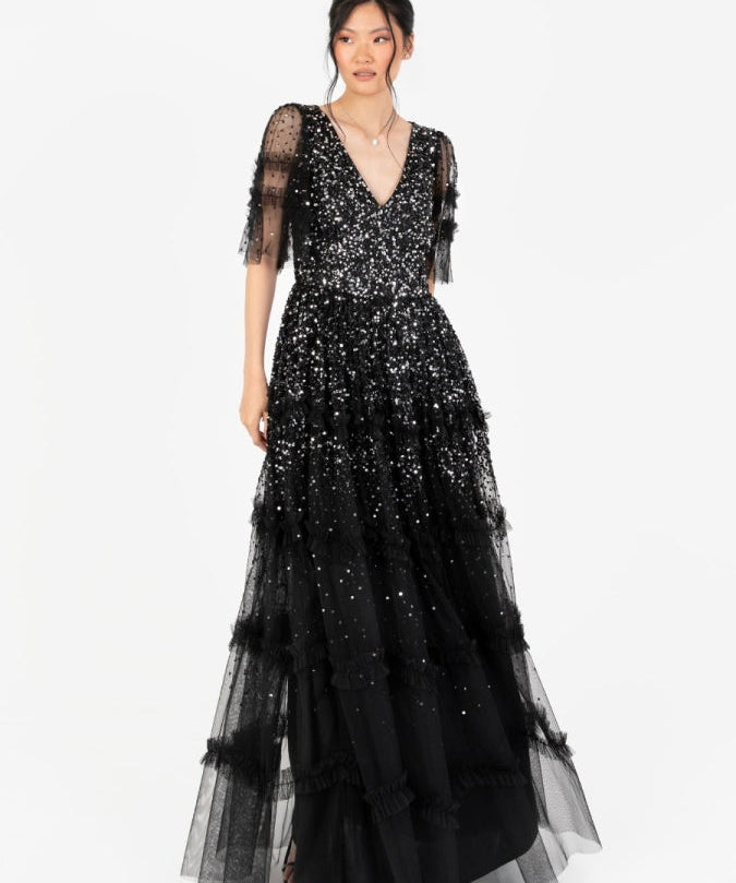 Maya Black Fully Embellished Short Sleeve Maxi Dress
