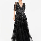 Maya Black Fully Embellished Short Sleeve Maxi Dress