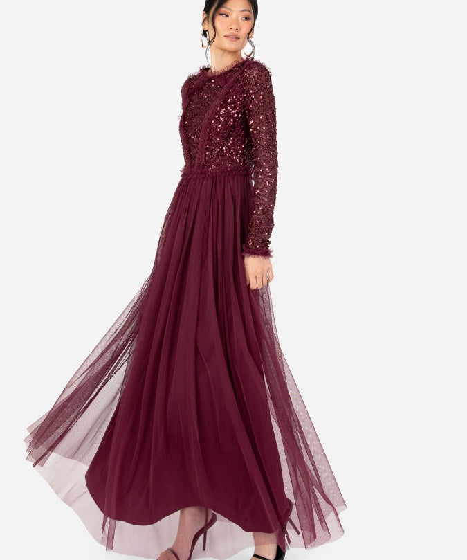 Maya Red Long Sleeve Embellished Maxi Dress