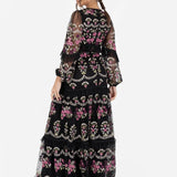 Maya Black Fully Embroidered Long Sleeve Maxi Dress with Frill Detail