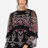 Maya Black Fully Embroidered Long Sleeve Maxi Dress with Frill Detail