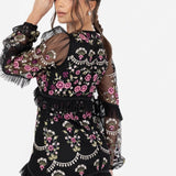 Maya Black Fully Embroidered Long Sleeve Maxi Dress with Frill Detail