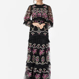 Maya Black Fully Embroidered Long Sleeve Maxi Dress with Frill Detail