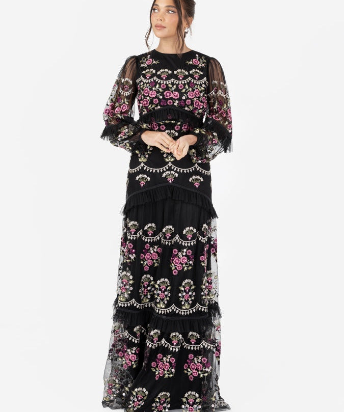 Maya Black Fully Embroidered Long Sleeve Maxi Dress with Frill Detail