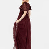 Maya Cranberry Embellished Short Sleeve Twist Bodice Maxi Dress