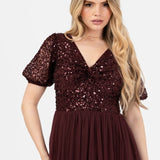 Maya Cranberry Embellished Short Sleeve Twist Bodice Maxi Dress