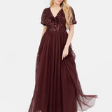 Maya Cranberry Embellished Short Sleeve Twist Bodice Maxi Dress