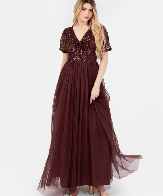 Maya Cranberry Embellished Short Sleeve Twist Bodice Maxi Dress