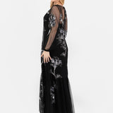 Maya Black Floral Embellished Tulle Overlay with Slip Maxi Dress