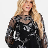 Maya Black Floral Embellished Tulle Overlay with Slip Maxi Dress