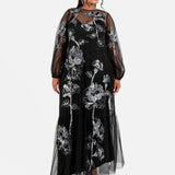 Maya Black Floral Embellished Tulle Overlay with Slip Maxi Dress