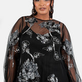 Maya Black Floral Embellished Tulle Overlay with Slip Maxi Dress