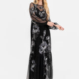 Maya Black Floral Embellished Tulle Overlay with Slip Maxi Dress