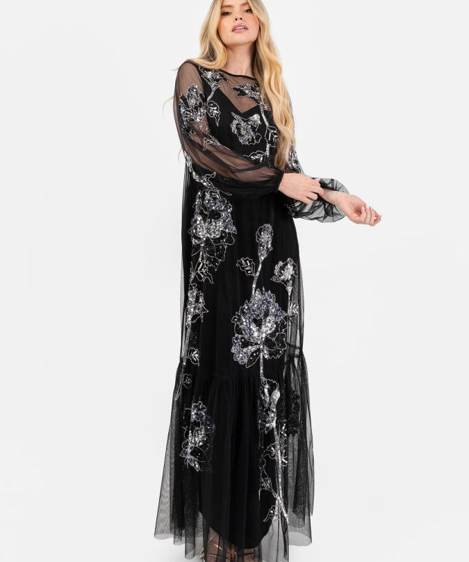 Maya Black Floral Embellished Tulle Overlay with Slip Maxi Dress