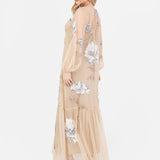 Maya Champagne Floral Embellished Tulle Overlay with Slip Maxi Dress
