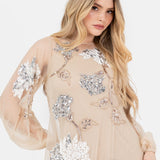 Maya Champagne Floral Embellished Tulle Overlay with Slip Maxi Dress