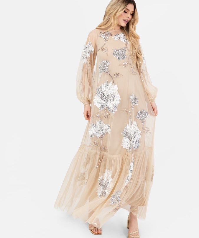 Maya Champagne Floral Embellished Tulle Overlay with Slip Maxi Dress