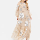 Maya Champagne Floral Embellished Tulle Overlay with Slip Maxi Dress