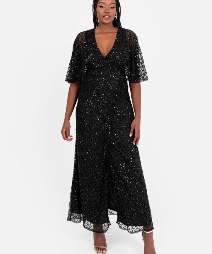 Maya Black Fully Embellished Faux Wrap Maxi Dress
