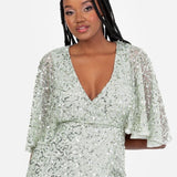 Maya Sage Green Fully Embellished Faux Wrap Maxi Dress