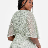 Maya Sage Green Fully Embellished Faux Wrap Maxi Dress