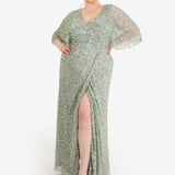 Maya Sage Green Fully Embellished Faux Wrap Maxi Dress