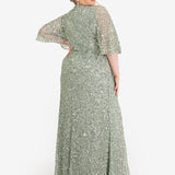Maya Sage Green Fully Embellished Faux Wrap Maxi Dress