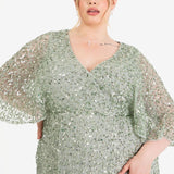 Maya Sage Green Fully Embellished Faux Wrap Maxi Dress