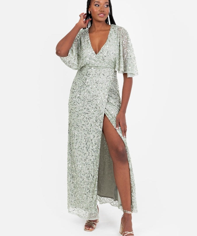 Maya Sage Green Fully Embellished Faux Wrap Maxi Dress