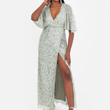 Maya Sage Green Fully Embellished Faux Wrap Maxi Dress