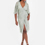 Maya Sage Green Fully Embellished Faux Wrap Midi Dress