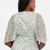 Maya Sage Green Fully Embellished Faux Wrap Midi Dress