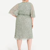Maya Sage Green Fully Embellished Faux Wrap Midi Dress
