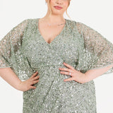 Maya Sage Green Fully Embellished Faux Wrap Midi Dress
