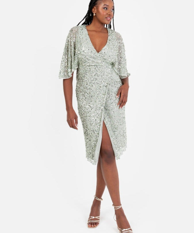 Maya Sage Green Fully Embellished Faux Wrap Midi Dress