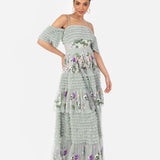 Maya Sage Green Floral Embroidered Ruffle Maxi Dress