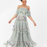 Maya Sage Green Floral Embroidered Ruffle Maxi Dress