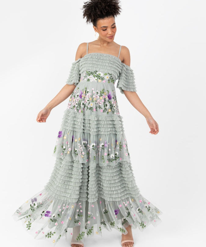 Maya Sage Green Floral Embroidered Ruffle Maxi Dress