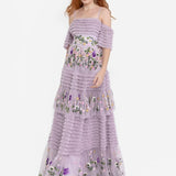 Maya Lilac Floral Embroidered Ruffle Maxi Dress