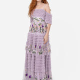 Maya Lilac Floral Embroidered Ruffle Maxi Dress