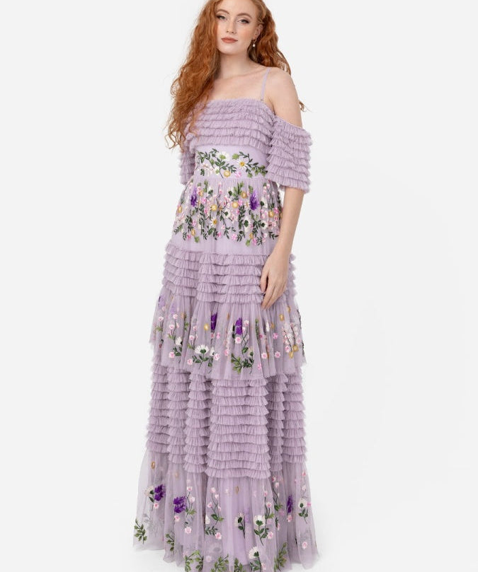 Maya Lilac Floral Embroidered Ruffle Maxi Dress