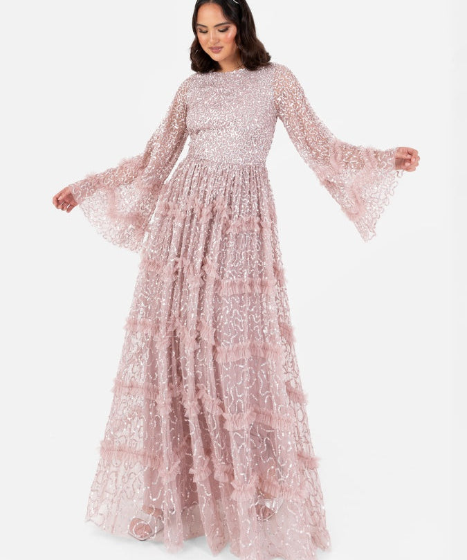 Maya Frosted Pink Fully Embellished Round Neckline Modest Maxi Dress