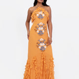 Maya Orange Embellished Halter Neck Ruffled Maxi Dress