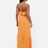 Maya Orange Embellished Halter Neck Ruffled Maxi Dress