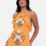 Maya Orange Embellished Halter Neck Ruffled Maxi Dress